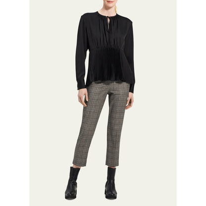 Theory Women's Black Satin Self-Tie Pleated Peplum Hem Blouse