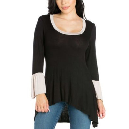 24seven Comfort Apparel Women's Bell Sleeve High-Low Tunic Top in Black