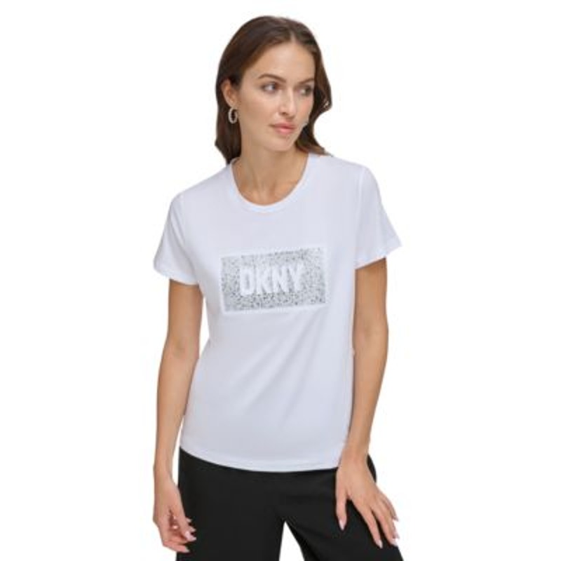 DKNY Women's Studded-Logo Crewneck Tee Shirt in White
