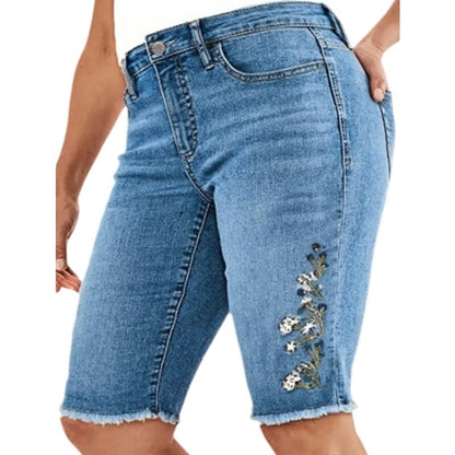 Style & Co. Petite Raw-Edge Denim Bermuda Shorts w/ Embroidered Overland Print