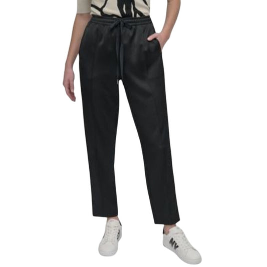 DKNY Women's High-Rise Drawstring Stripe Leg Pants in Black