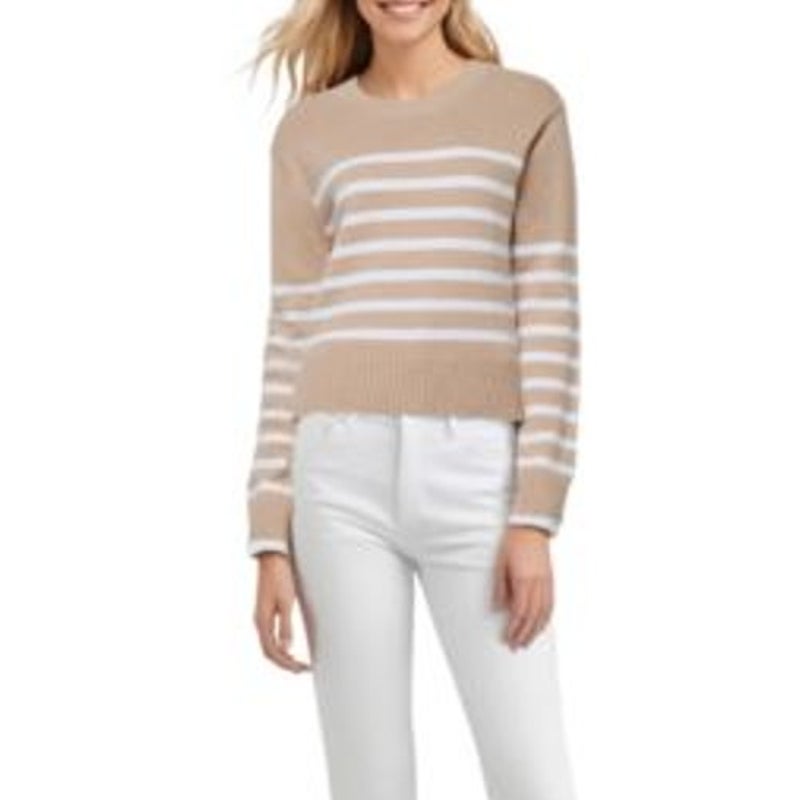 Three Dots Women's Marin Striped Long-Sleeve Sweater in Light Taupe Stripes