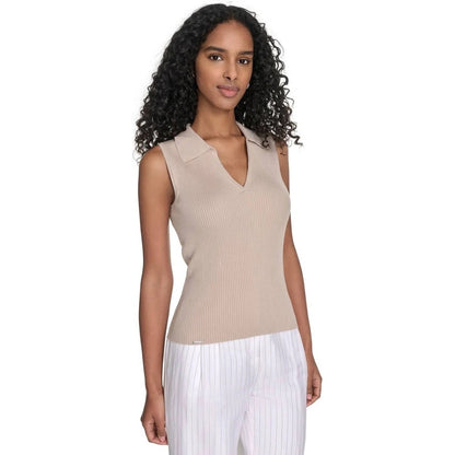 Calvin Klein Women's Sleeveless Collared V-Neck Top In Khaki