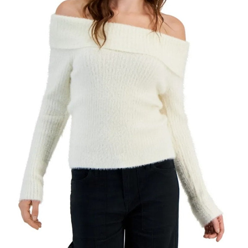 Hippie Rose Juniors Eyelash-Knit Off the Shoulder Sweater in Blizzard White