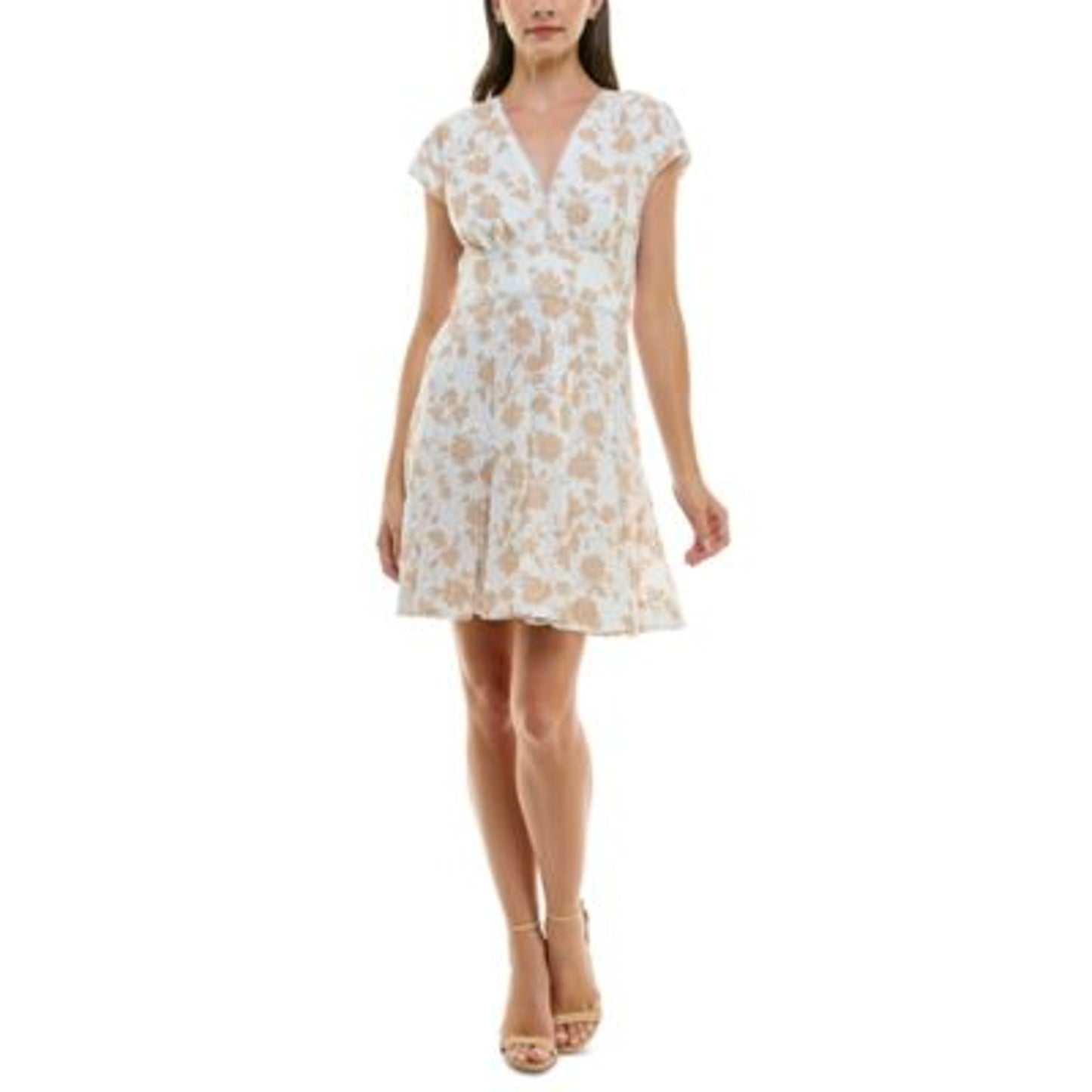 Taylor Women's Floral Print Cotton Eyelet Mini Dress in White Tan