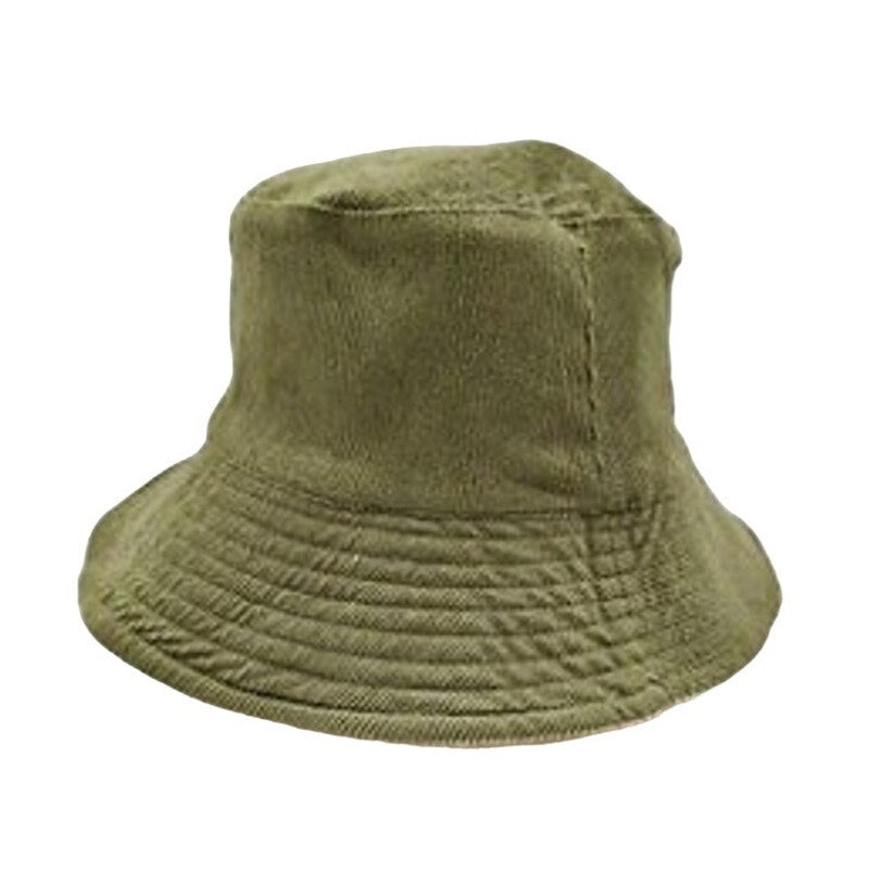 Jenni Ladies Reversible Corduroy Bucket Hat Solid/Plaid, Olive Green Peach White