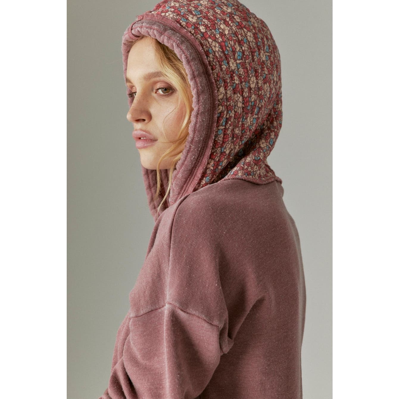 Lucky Brand Quilted Patchwork Hoodie In Burgandy Multi-Color