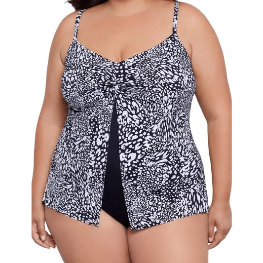 Swim Solutions Plus Size Printed Flyaway Fauxkini One Piece Leopard Swirl