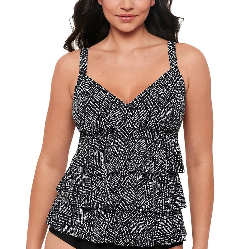 Swim Solutions Women's Printed Triple Tier Tankini Top In Black White