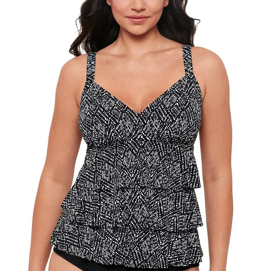 Swim Solutions Women's Printed Triple Tier Tankini Top In Black White