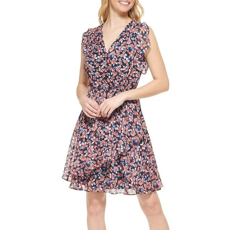 Tommy Hilfiger Women's Flutter Sleeve Mini Dress in Blue & Pink Floral Print