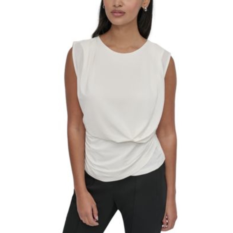 DKNY Women's Petite Sleeveless Draped-Front Top in Ivory