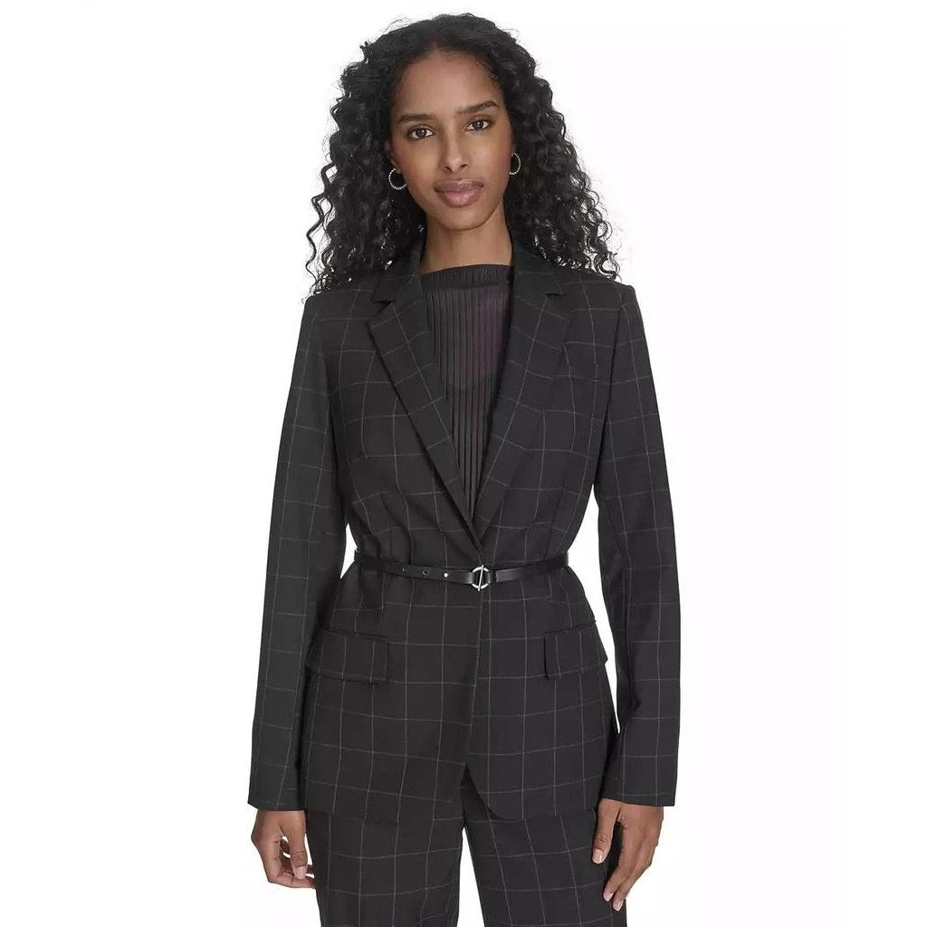 Calvin Klein Women's Windowpane-Print Belted Blazer In Black Cream