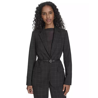 Calvin Klein Women's Windowpane-Print Belted Blazer In Black Cream