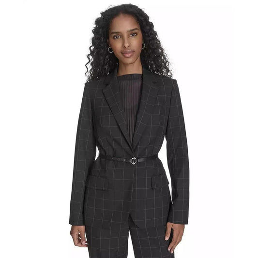 Calvin Klein Women's Windowpane-Print Belted Blazer In Black Cream