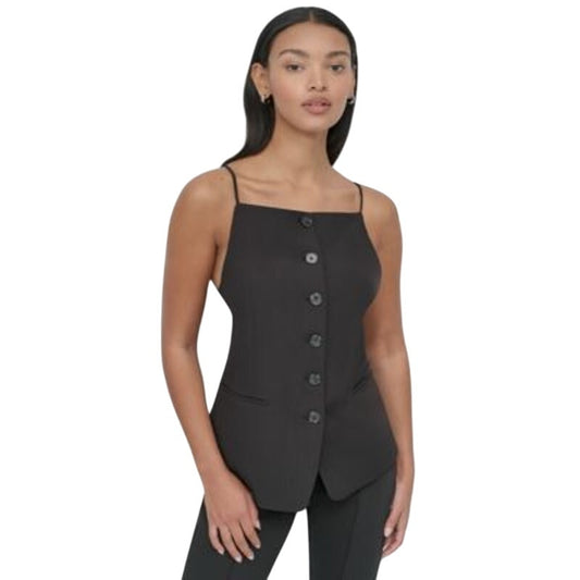 DKNY Women's Sleeveless Square-Neck Button Front Top in Black
