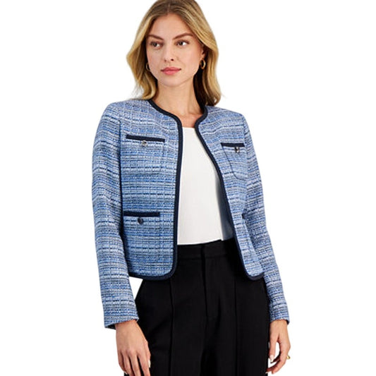 Bar III Women's Tweed Patch-Pocket Blazer Jacket in Cadet Dusk Blue Multi