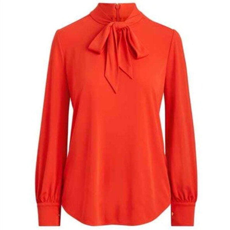 Ralph Lauren Burnt Orange Jersey Tie Neck Top, “Nihany”, Size PS