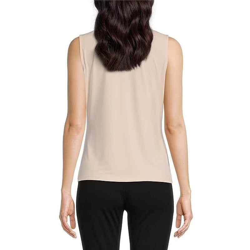 Calvin Klein Matte Jersey V-Neck Shoulder Pleat Sleeveless Top In Pink Pepper