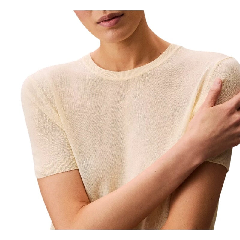Calvin Klein Women's Fine Gauge Short Sleeve Sweater in Turtledove Tan