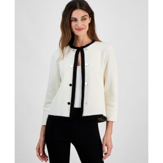 Anne Klein Women's Open-Front Black Trim Cardigan in White