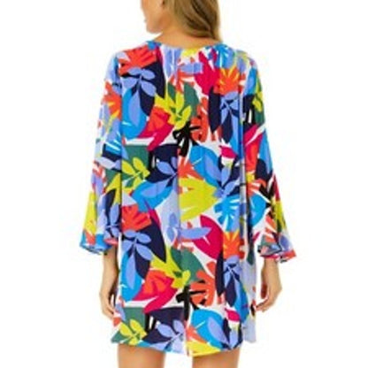 Anne Cole Women's Bright Flowy Floral Keyhole Coverup Dress in Blue Multi