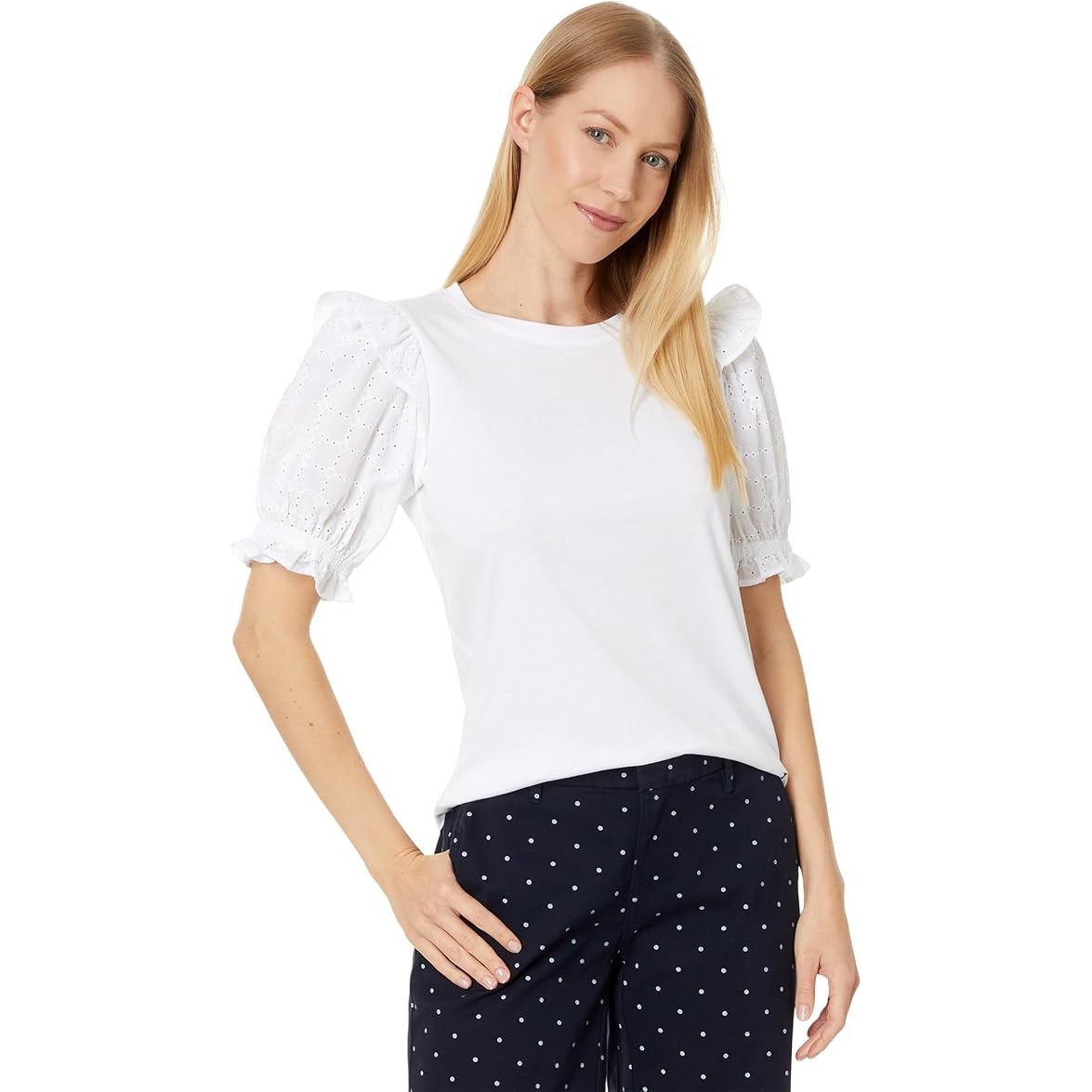 Tommy Hilfiger Women's Round Neck Contrast Sleeve Top in Bright White