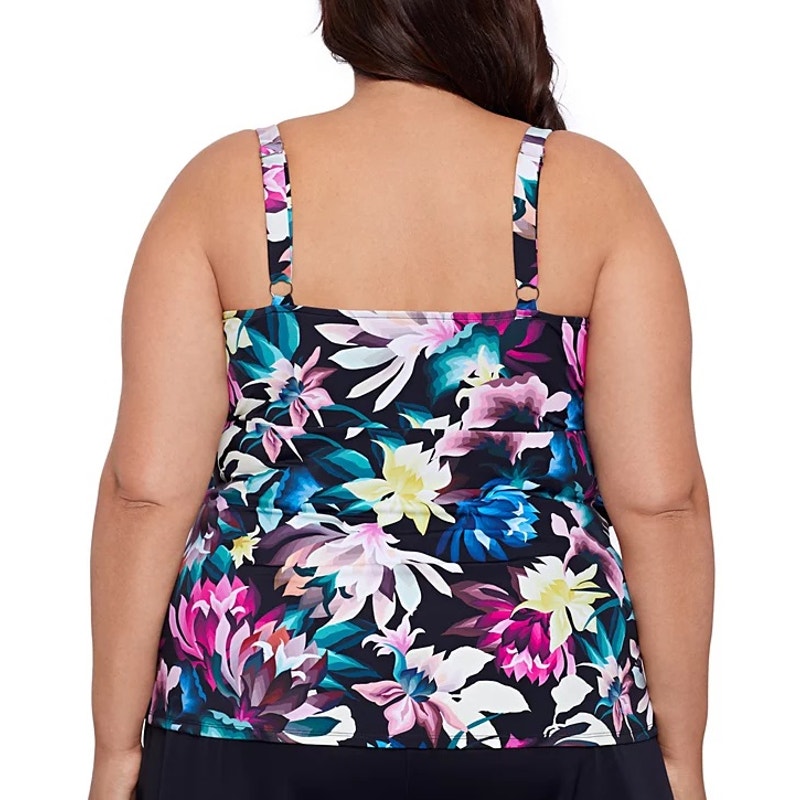 Swim Solutions Plus Size Floral-Print Tiered Tankini Top In Dark Lotus