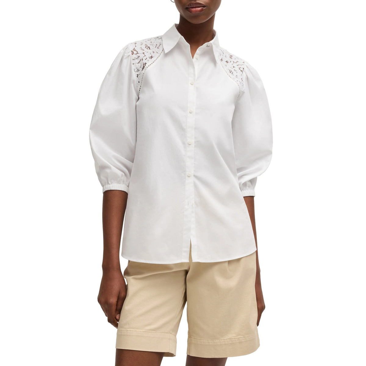 Hugo BOSS Orange Brenda Cotton 3/4-Sleeve Button-Up Top in White