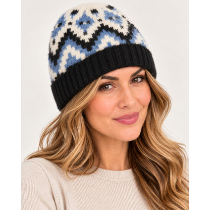 Aqua Brand Fair Isle Print Beanie in Navy Multi