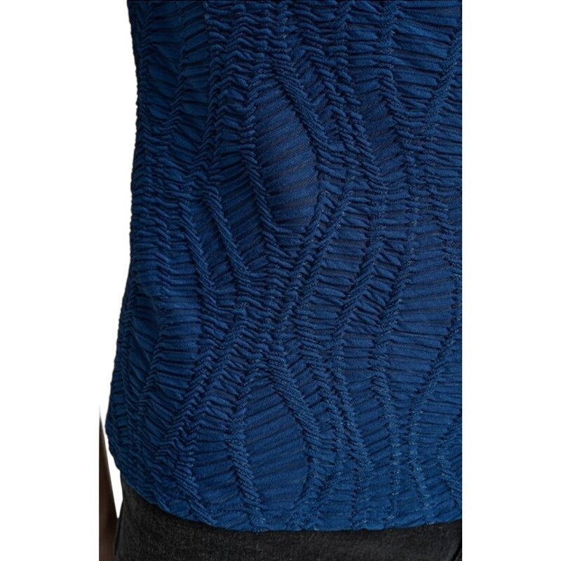 DKNY Women's Textured Boat-Neck Shirred Print Top in Cadet Blue