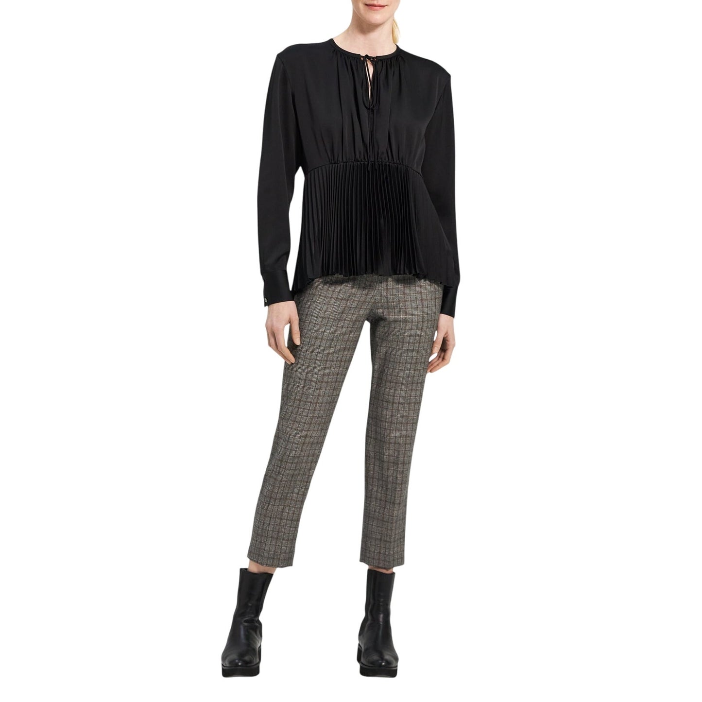 Theory Women's Black Satin Self-Tie Pleated Peplum Hem Blouse, Size Medium