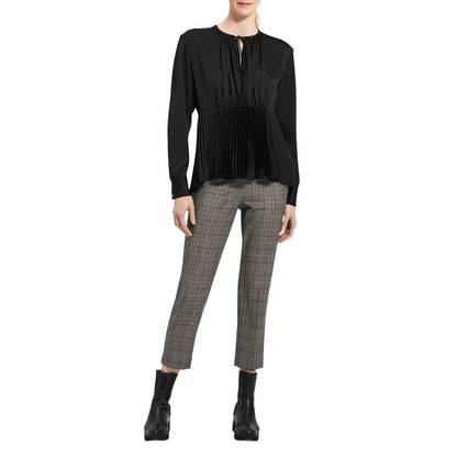Theory Women's Black Satin Self-Tie Pleated Peplum Hem Blouse, Size Medium