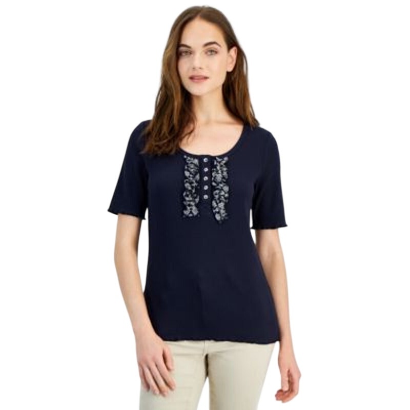 Nautica Jeans Women's Ribbed Short-Sleeve Top in Night Sky Blue
