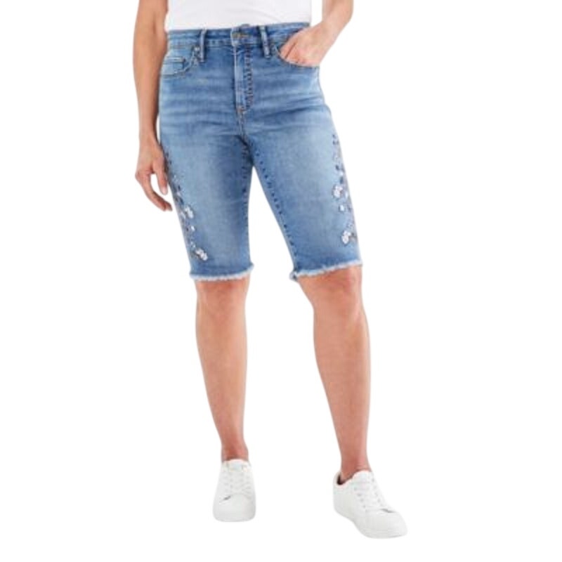 Style & Co. Petite Raw-Edge Denim Bermuda Shorts w/ Embroidered Overland Print
