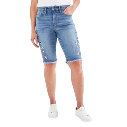 Style & Co. Petite Raw-Edge Denim Bermuda Shorts w/ Embroidered Overland Print