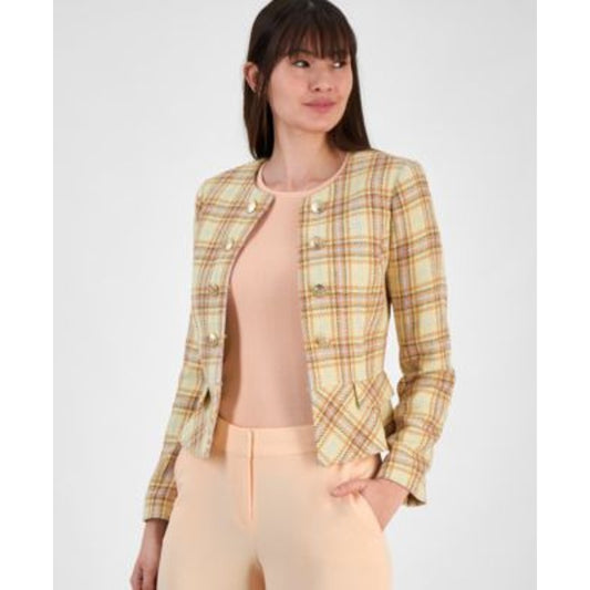 Tahari ASL Women's Boucle Plaid Peplum Crop Jacket in Butter Yellow Peach