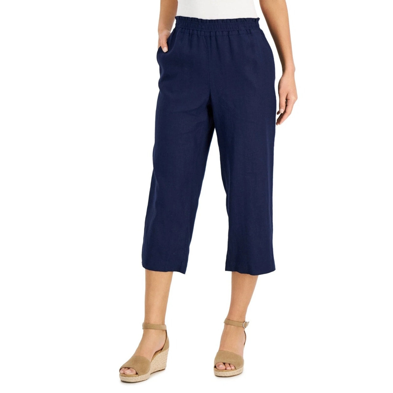 Charter Club Women's Elastic Waist Cropped Linen Pants in Intrepid Blue