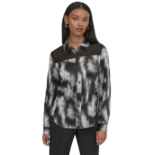 DKNY Women's Sheer-Yoke Abstract-Print Top in Black White Combo