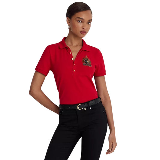 Lauren Ralph Lauren Women's Beaded-Crest Pique Polo in Martin Red, Size Medium