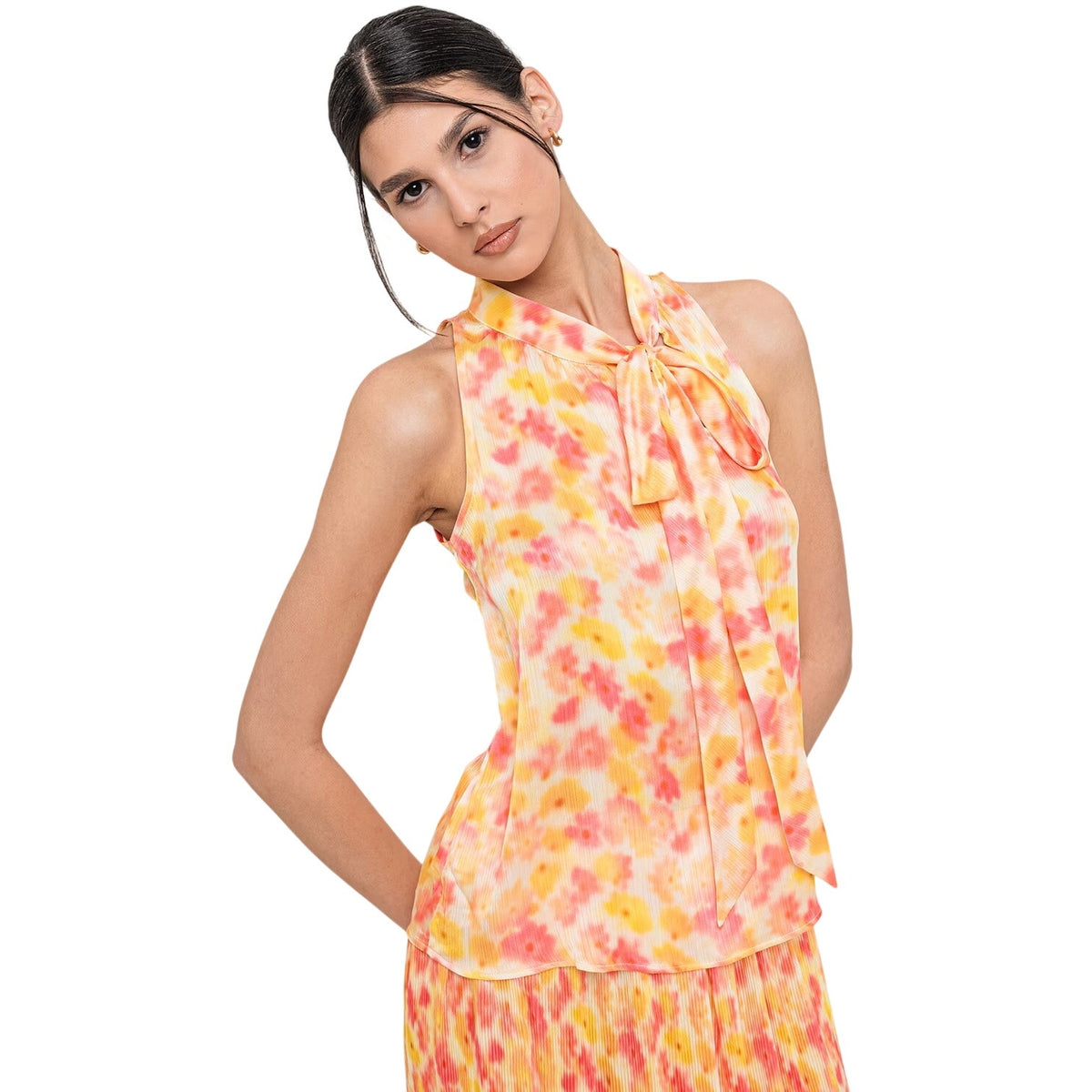 Hugo Boss Satin Halter Top w/ Neck Tie Multi Floral in Celuni Orange