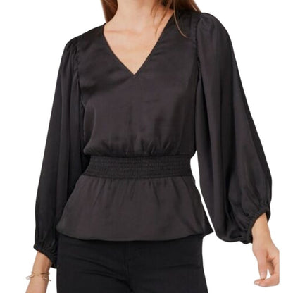 Vince Camuto Women's Long Sleeve Black Peplum Top, Elastic Waist & Cuffs