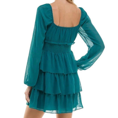 City Studio Women's Long-Sleeve Smocked-Waist Tiered Mini Dress in Teal Blue