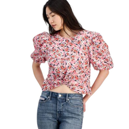 Tommy Hilfiger Women's Ditsy Floral Puff Sleeve Top in Pink & White