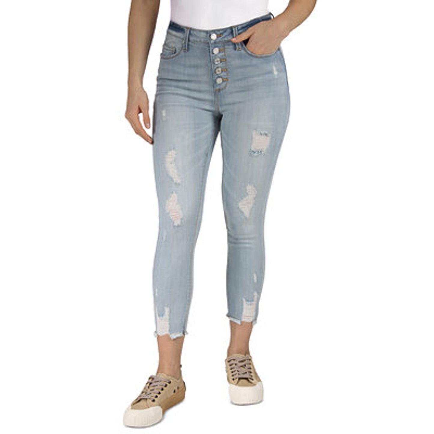 Indigo Rein Juniors Distressed Cropped Jeans in Light Blue Wash