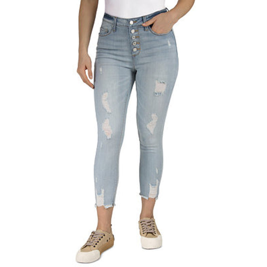 Indigo Rein Juniors Distressed Cropped Jeans in Light Blue Wash, Size 0