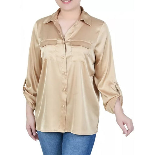 NY Collection Women's Petite 3/4 Sleeve Button Up Top in Champagne Tan