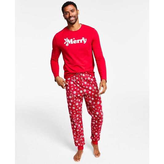 Family Pajamas Matching Men's Merry Snowflake Candy Red Pajamas