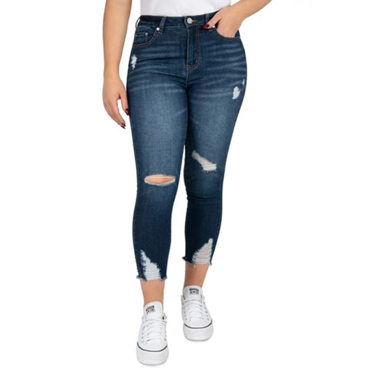 Indigo Rein Juniors High Rise Crop Distressed Jeans in Dark Blue