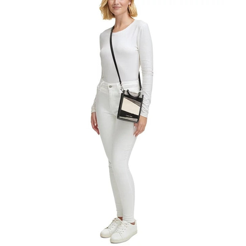 Calvin Klein Shearling Adjustable Phone Crossbody Bag in Black & Gray